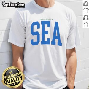 Good Seattle Seahawks Super Bowl LX Champions t-shirt design featuring 'God Is Good' slogan in team colors.