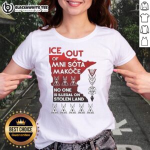 Nice Ice Out Mni Sota Makoce No One Is Illegal On Stolen Land Ladies Tee design featuring bold, colorful text on a t-shirt.
