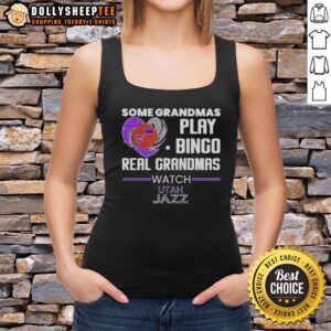 Official 'Some Grandmas Play Bingo, Real Grandmas Watch Utah Jazz' tank top featuring a stylish design for basketball fans.