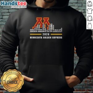 Alt Text: 2026 Minnesota Golden Gophers hoodie featuring city skyline design and all team names for fans and supporters.