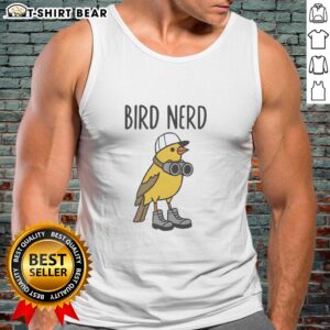 Nerdy individual in a tank top with binoculars and stylish shoes, enjoying outdoor exploration.