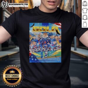 Alt Text: Official Olympics USA Men's Hockey Gold T-Shirt featuring bold graphics and patriotic colors for fans and players.