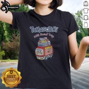 Premium Tamagotchi USA Road Trip Ladies Tee featuring vibrant graphics and a stylish fit for nostalgic fans.