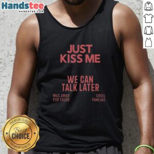 Trendy 'Just Kiss Me' tank top featuring playful text, perfect for casual wear and expressing love in style.