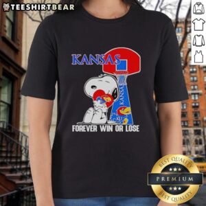 Premium Peanuts Snoopy Forever Win or Lose Kansas Jayhawks Basketball Ladies Tee featuring vibrant graphics.