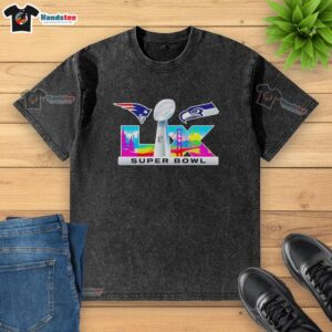 Alt Text: Nice New England Patriots vs Seattle Seahawks Super Bowl LIX logo washed t-shirt design in vibrant colors.