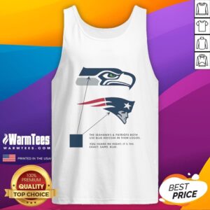 Blue tank top featuring logos of the Seattle Seahawks and New England Patriots, showcasing their shared color scheme.