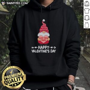 Happy Valentine's Day hoodie featuring a cute gnome and 'Love You More' graphic for a festive, cozy celebration.