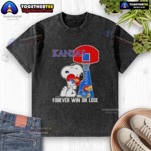 Official Peanuts Snoopy Forever Win or Lose Kansas Jayhawks basketball washed t-shirt featuring a playful Snoopy design.