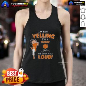 Alt Text: Clemson Tigers girl wearing 'I'm Not Yelling, I'm a Clemson Tigers Girl' tank top, showcasing team spirit and style.