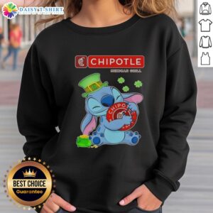 Alt Text: Cute Stitch hugging the Chipotle Mexican Grill logo on a Happy St. Patrick's Day sweatshirt design.