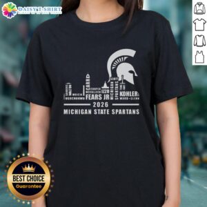 Alt Text: Awesome Michigan State Spartans 2026 players name skyline ladies tee showcasing team spirit and style.