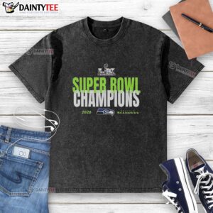Pretty Seattle Seahawks 2026 Super Bowl LX Champions football logo on a washed t-shirt, perfect for fan apparel.