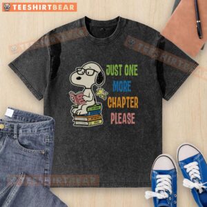 Alt Text: Premium Just One More Chapter Please Snoopy book washed t-shirt featuring a playful Snoopy graphic design.