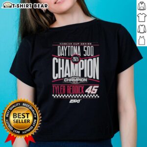 Alt Text: Official Tyler Reddick 45 Checkered Flag Sports Tee for 2026 Daytona 500 Champion, perfect for female fans.