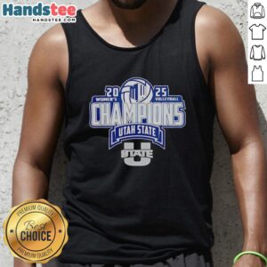 Official Utah State Aggies 2025 Mountain West Women's Volleyball Champions tank top featuring team colors and logo.