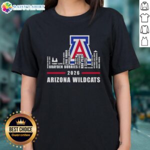 Alt Text: Premium 2026 Arizona Wildcats logo tee featuring city skyline design for ladies, perfect for fans and stylish wear.