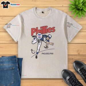 Alt Text: Official Topps Philadelphia Phillies Raglan Washed T-Shirt featuring team colors and logo, perfect for fans.