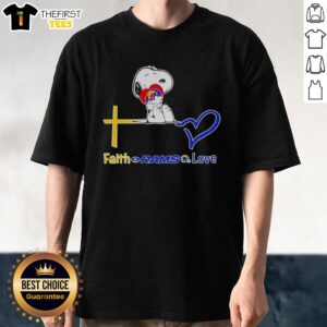 Premium Los Angeles Rams Snoopy Hugs Heart Faith Rams Love T-Shirt design featuring Snoopy and heart graphics.