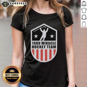 Vintage 1980 Miracle Hockey Team ladies tee featuring iconic USA Hockey Team design, perfect for sports enthusiasts.