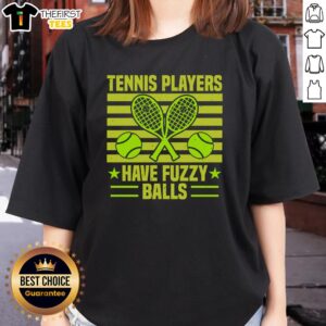 Funny tennis player with fuzzy balls on a ladies tee, showcasing a playful sports design for tennis enthusiasts.