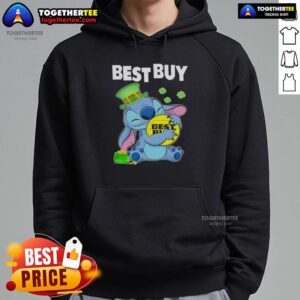 Nice Stitch Hug Best Buy logo on a Happy St. Patrick's Day hoodie, perfect for festive celebrations.