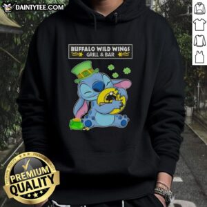 Nice Stitch Hug the Buffalo Wild Wings Grill and Bar logo on a Happy St. Patrick's Day hoodie design.