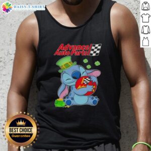 Happy St. Patrick's Day tank top featuring a cute Stitch hug and Advance Auto Parts logo, perfect for festive celebrations.