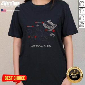 Funny cat ladies tee featuring 'Nice, Not Today Cupid' with matrix bullets, perfect for humor lovers and feline fans.