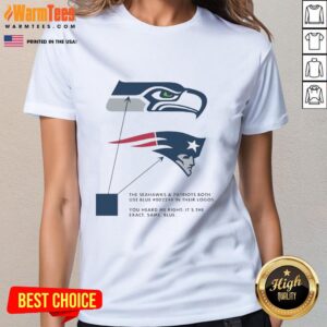 Seattle Seahawks and New England Patriots logos on ladies tee, showcasing the blue color 002244 in their designs.