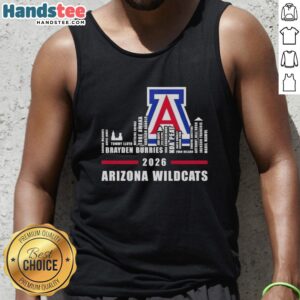 Top 2026 Arizona Wildcats logo tank top featuring city skyline and names design, perfect for fans and casual wear.
