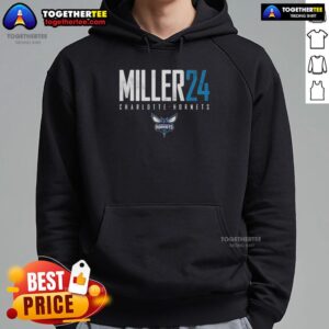 Top Brandon Miller 24 Charlotte Hornets Elite Hoodie displayed on a mannequin, showcasing team colors and logo.