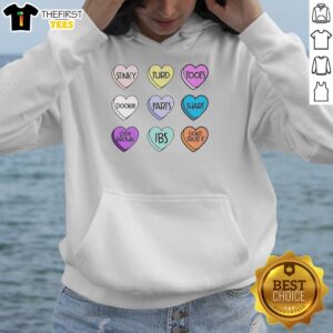 Cozy Hot Fart Hearts Hoodie featuring colorful heart designs, perfect for casual wear and unique style.