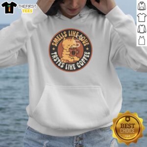 Cozy Good Smells Like Love Taste Like Coffee hoodie displayed on a mannequin, perfect for coffee lovers and comfort seekers.