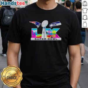 New England Patriots vs Seattle Seahawks Super Bowl LIX logo T-shirt featuring vibrant graphics and sporty design.
