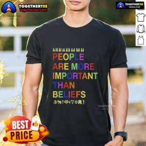 Alt Text: Hot People Are More Important Than Beliefs T-Shirt featuring bold text design on a stylish black cotton tee.