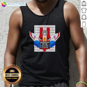 Official Starscream Cybertron Police Dept mugshot tank top featuring a striking design of the iconic Transformer.