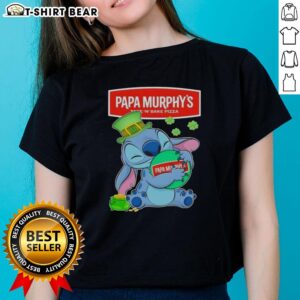 Pretty Stitch Hug The Papa Murphy's Logo Happy St. Patrick's Day Ladies Tee showcasing festive green design.