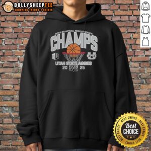 Original Utah State Aggies Men's Basketball 2025 Mountain West Champions Hoodie in navy blue with logo design.