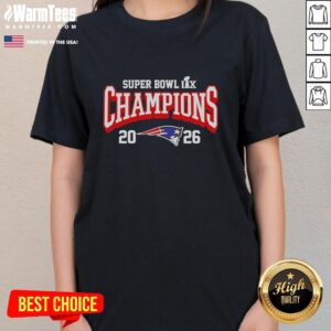 Good New England Patriots at Super Bowl LX Champions 2026 logo on a ladies tee, celebrating the team's victory.