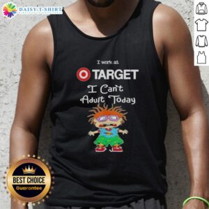 Alt Text: Top Chuckie Finster I Work At Target I Can't Adult Today tank top featuring colorful design and cartoon character.
