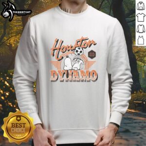 Alt Text: Premium Peanuts Snoopy X Houston Dynamo FC Sweatshirt featuring iconic Snoopy design and vibrant team colors.