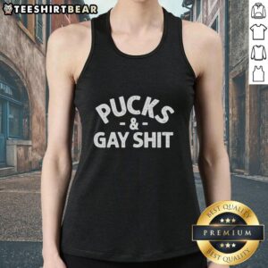 Top Sarah Spain Pucks and Gay Shit curved tank top featuring a vibrant design perfect for casual summer wear.