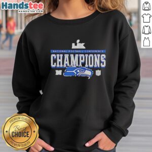 Seattle Seahawks National Football Conference Champions Super Bowl LX sweatshirt in vibrant blue and green colors.