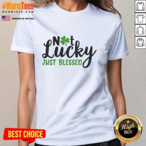 Pretty Not Lucky Just Blessed Irish Ladies Tee featuring vibrant green design and shamrock accents for St. Patrick's Day.