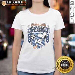 Alt Text: Awesome Peanuts Snoopy X FC Cincinnati Ladies Tee featuring a stylish design for fans and comfort wear.