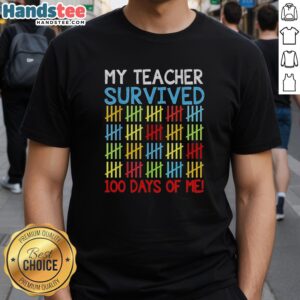 Alt Text: Premium My Teacher Survived 100 Days Of Me T-Shirt featuring fun graphics, perfect for celebrating the school milestone.