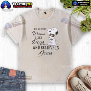 Alt Text: Simple woman shirt featuring Snoopy, dogs, and a faith message about Jesus on a washed t-shirt.