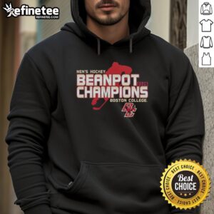 Alt Text: Original Boston College Eagles Men's Hockey 2026 Beanpot Champions locker room hoodie displayed on a hanger.