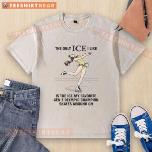 Gen Z Olympic champion skates on ice wearing a washed t-shirt that reads 'The Only Ice I Like' for a fun, trendy look.